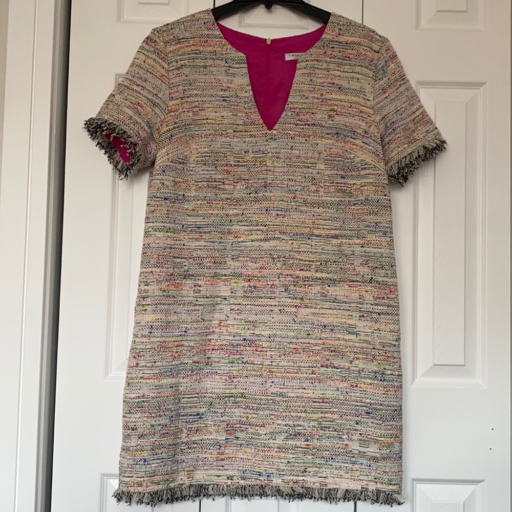 Trina Turk Cream Multicolor Tweed Shift Dress with Fuchsia Accents
